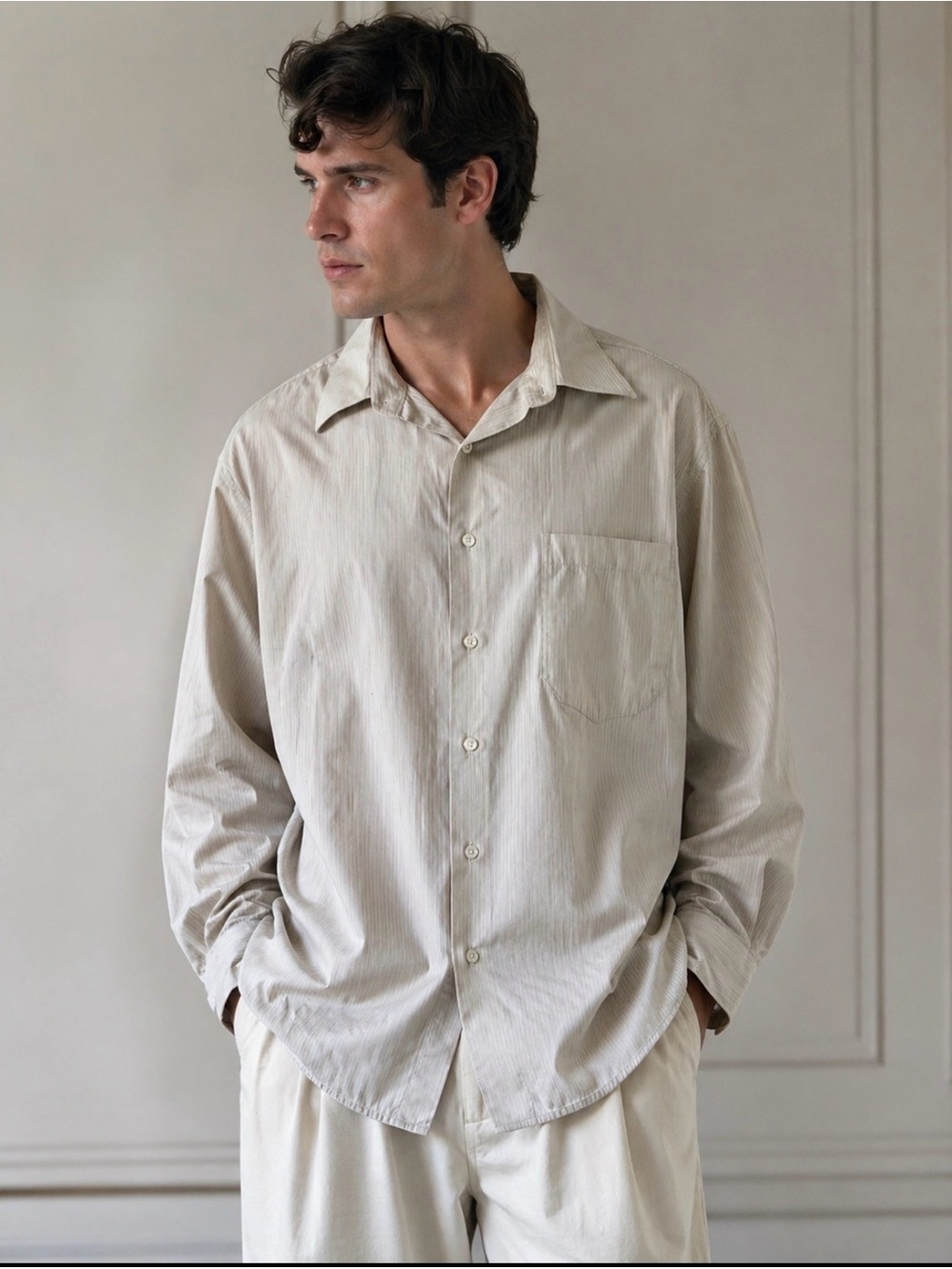 Vintage Christian Dior Striped Beige Button-Up Shirt Size 16 1/2, 32/33